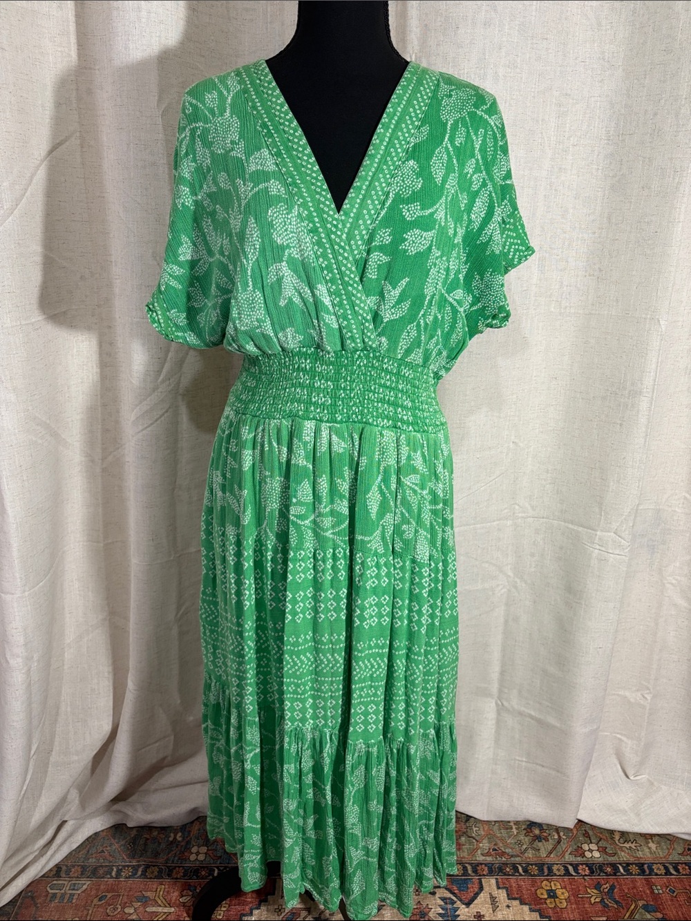 J Gee Green Floral Boho V-Neck Smocked Waist Maxi Dress